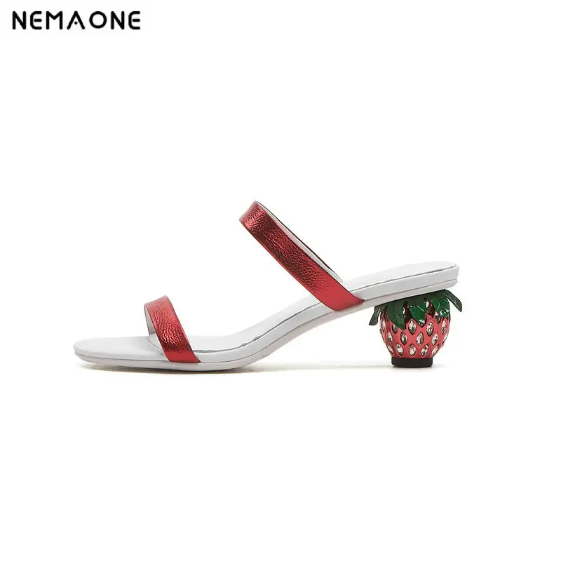

NEMAONE 2019 New Women Summer strawberry High Heels Pumps Genuine Leather Shoes Woman Sandals Open Toe Ladies Slippers