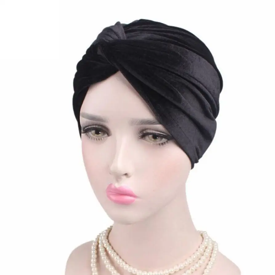 Turbano Для женщин Beanies turban мусульманское Полосатое фланель шарф рака шляпу капот chimio \ Coton женский Шапки#800 - Цвет: Black