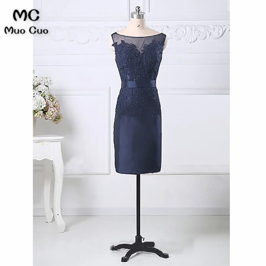 Sheath Bateau Dark Blue Elastic Satin Short Mother of the Bride Dress with Appliques