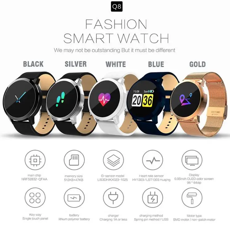 Bluetooth Q8 Смарт часы OLED цветной экран мужские модные фитнес трекер сердечный ритм