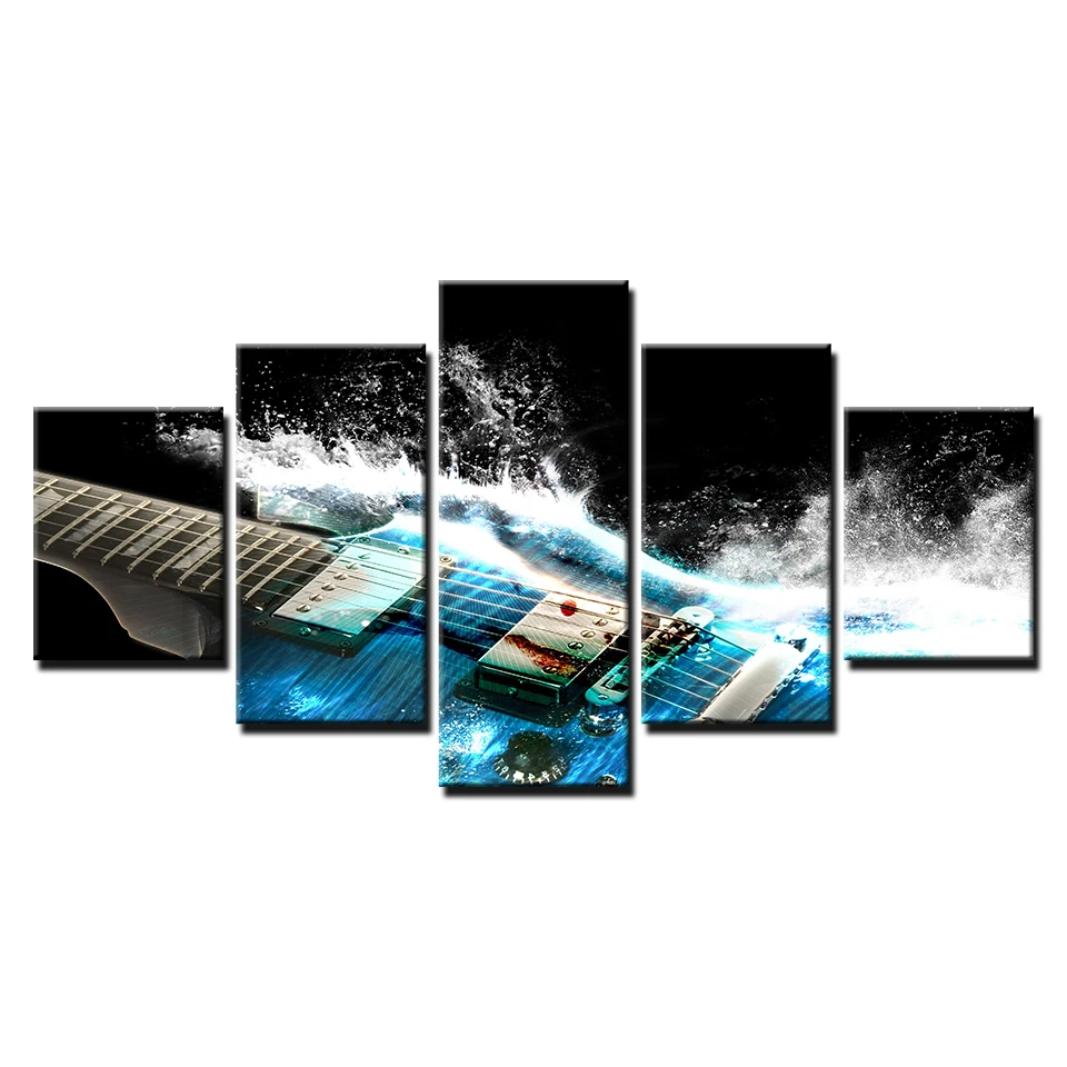 Abstract Blue Guitar Paintings - Set of 5 Pieces - Artryst Canvas Wall Art Pictures for Living Room Home Decor - Modular HD Prints Poster Frame image 3