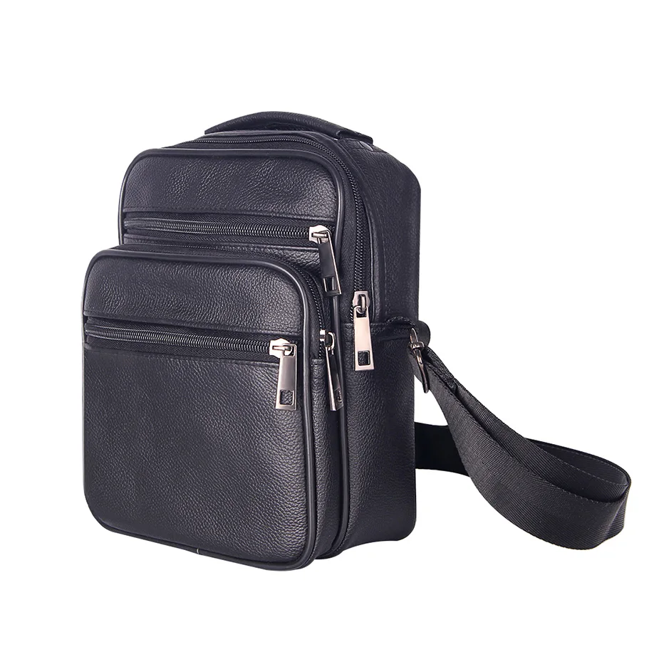 

Solid Black Mens Messenger Bag Genuine Leather Men Shoulder Bags Soft Surface Business Crossbody Bag Zipper Travel Pouch Male