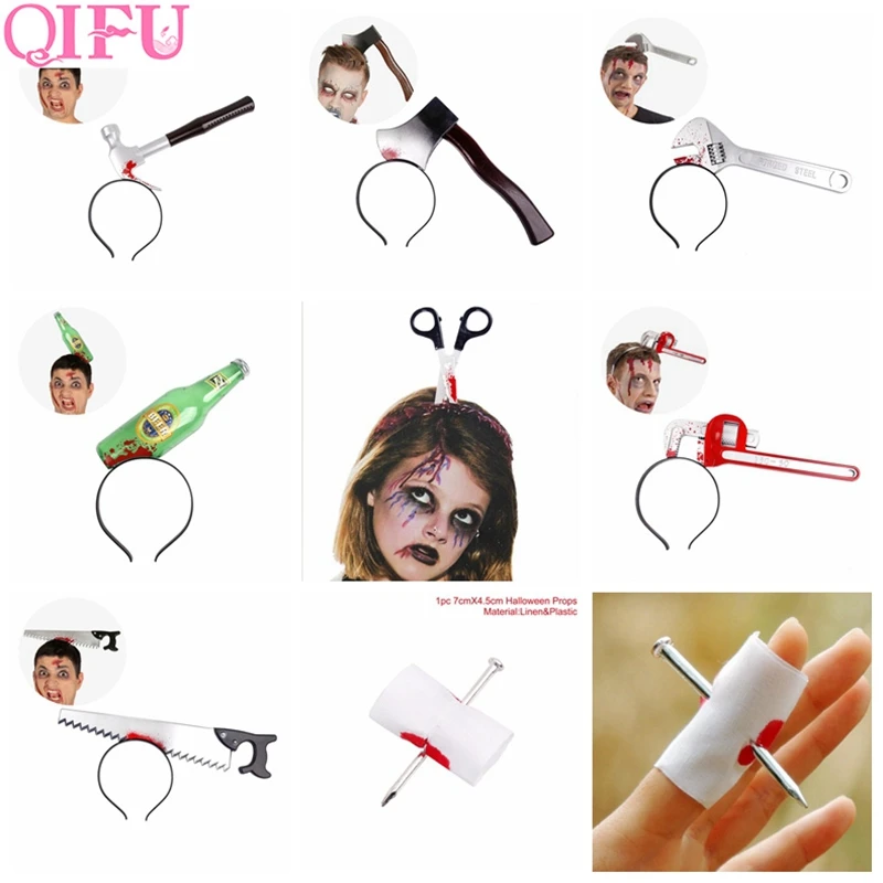 

QIFU 1pcs Halloween Headband Halloween Party Decor 2019 Home Horror Props Nail Knife Fake Blood Halloween Party Decorations