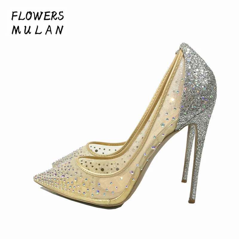 

Pointed Toe Silver Bling Fashion Design Women's High Heel Pumps Summer New Party Wedding Event Stiletto Shoes 12cm Thin Heels
