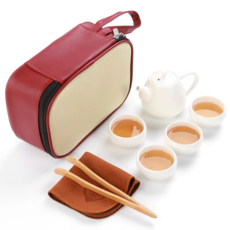 Portable travel tea set,red bag+1 pot+4 cups+1 towel+1 clip,beautiful