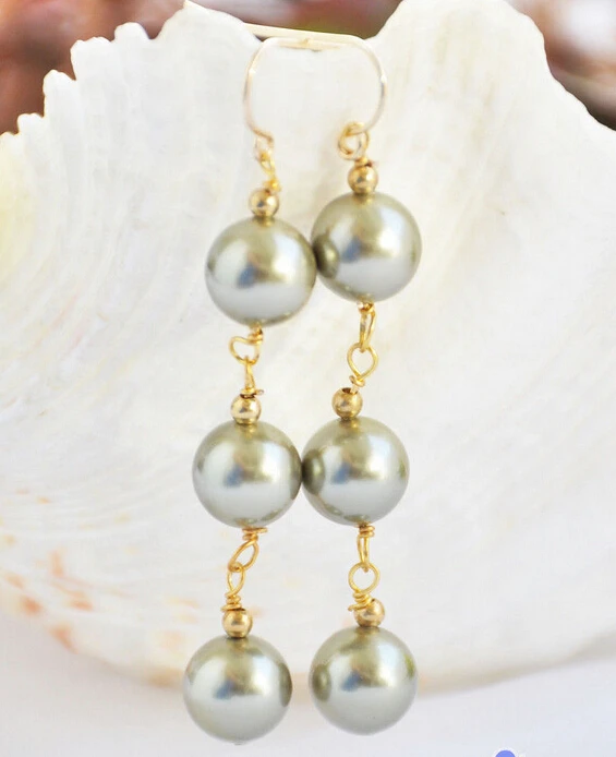 

00 FREE SHIPPING d** 10MM bronze round south sea shell pearl DANGLE EARRING