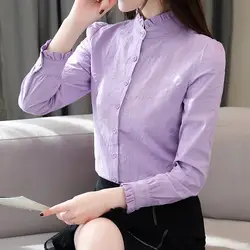 2019 Милая хлопковая рубашка женская блузка стоячий воротник с длинными рукавами модные однотонные тонкие офисные женские рубашки Blusas Mujer