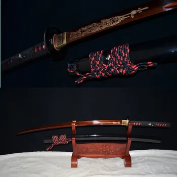 

41"Japanese Sword Folded Steel Clay Tempered Katana Red Blade Leather Tsuka