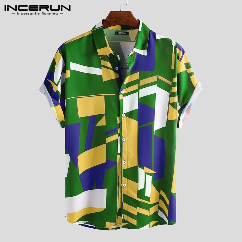INCERUN Summer Men Beach Shirt Geometric Print Short Sleeve Lapel Neck Button Leisure Hawaiian Shirts Men Streetwear S-5XL