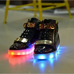 Дети LED светящиеся туфли 7 цветов модные высокие зарядка через USB для мальчиков и девочек со светодиодной подсветкой Обувь для детей кожа