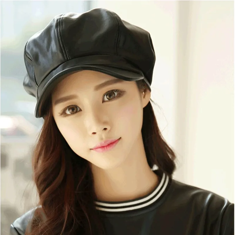 

PU Leather Hat Beret Male Winter Spring Octagonal Cap Women Peaked Octagonal Cap