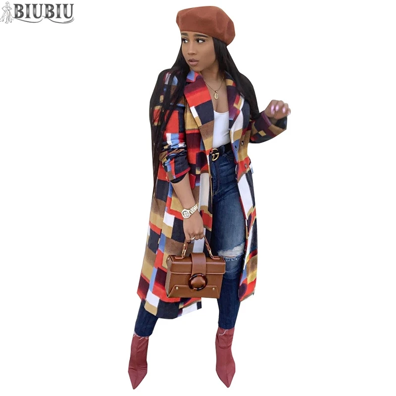 

BIUBIU Women Winter X-long Coats Plaid Patchwork Full Sleeve Loose Warm Coat Turn-down Collar Woman Casual Ladies Long Coats