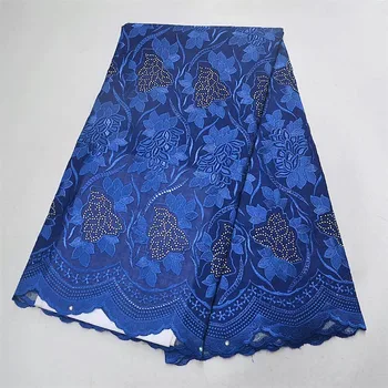 

African Voile Lace Fabric 2019 High Quality Blue Embroidery Swiss Voile lace In Switzerland French Stones Cotton Dry Lace Fabric