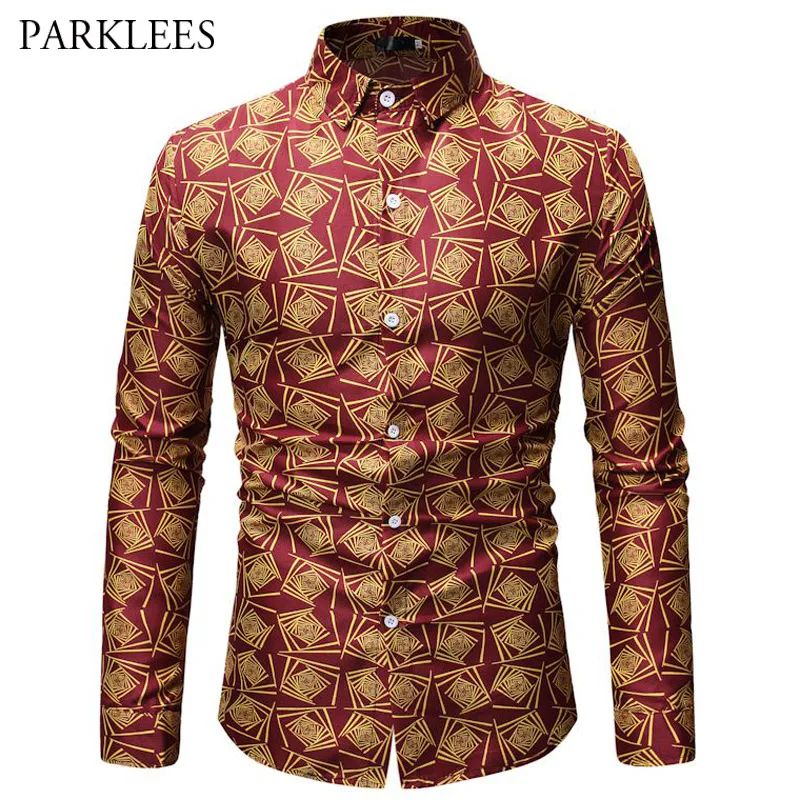 Mens Rose Gold Print Shirt 2019 Stylish Lapel Long Sleeve Male Wedding