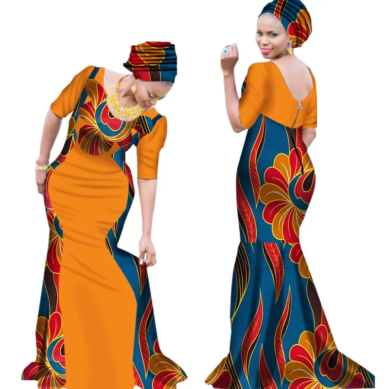 

2018 Bazin Riche African Dresses for Woman Print Splice V Neck Mermaid Dresses with Head Tie Dashiki African Clothes WY1645