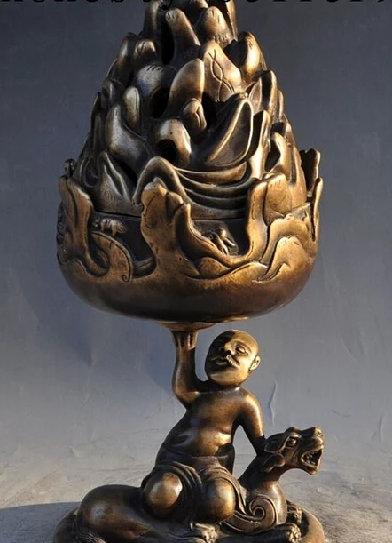 

006435 15"tibet bronze Damo Bodhidharma Buddha beast Rocks statue incense burner Censer