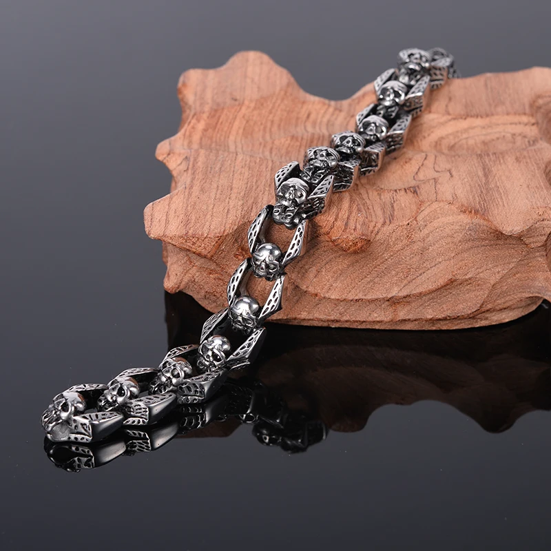 Punk Rocker Skull Bracelet Men Heavy 316L Stainless Steel Men's