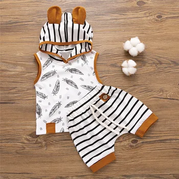 

Newborn Clothes Baby Boy Hooded Feather T shirt Tops Striped Shorts Pants Outfits Sets