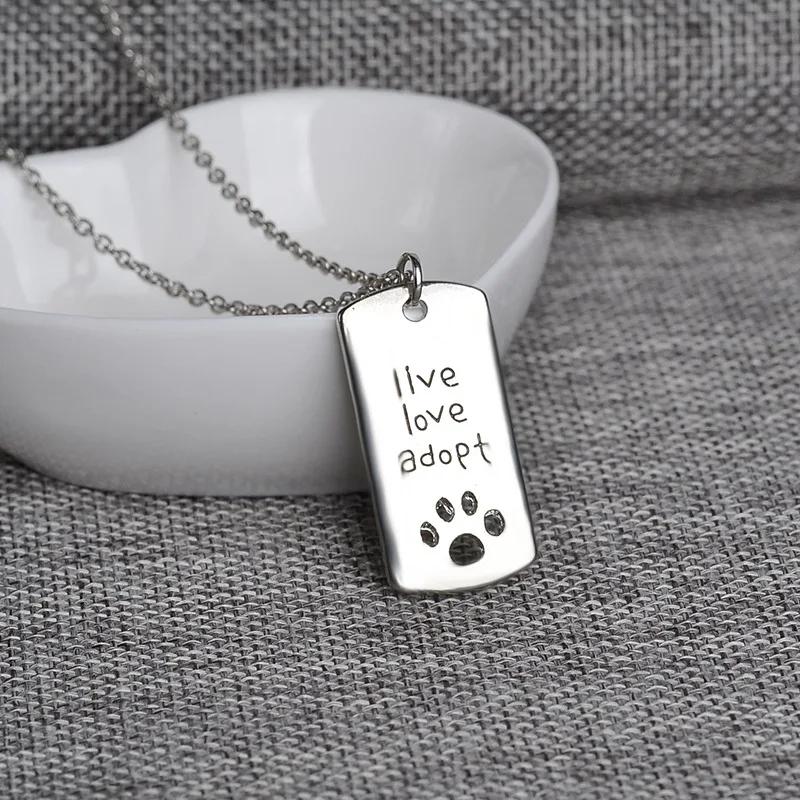 

Animal Dog Tag Style Pendant Necklace Cat Dogs " live love adopt " Pet Rescue Paw Print Tag Letter Jewelry