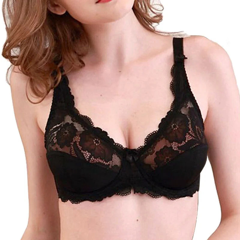 

Plus size Lace Bras For Women Sexy Bralette Mesh Transparent Thin Push Up Bra Floral Underwear Unlined 36 38 40 42 44 46 C D E