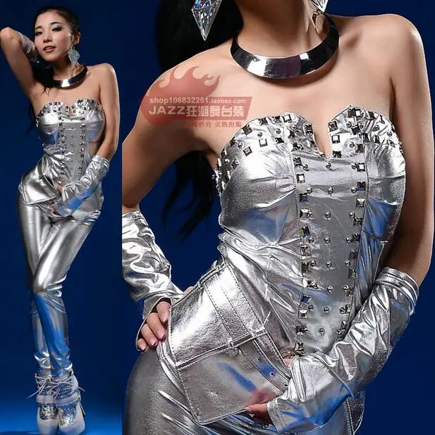 

Kids Adult hip hop top with Gloves female dance Jazz costume performance wear stage clothing Glossy Sliver Sexy rivet t-shirt