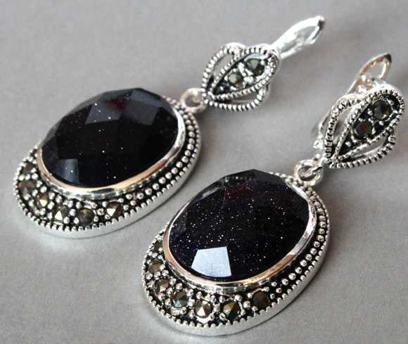 

Vintage 925 Silver Jewelry Natural Blue Sand jade Marcasite Earrings 11/2