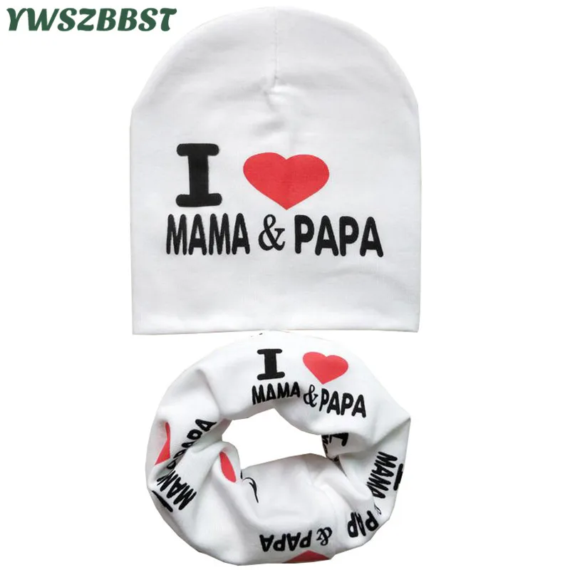 

Autumn Winter Cotton Children Hat Scarf MAMA PAPA Print Crochet Girls Beanies Cap Scarf Collar Kids Boys Scarf Cotton Baby Hats