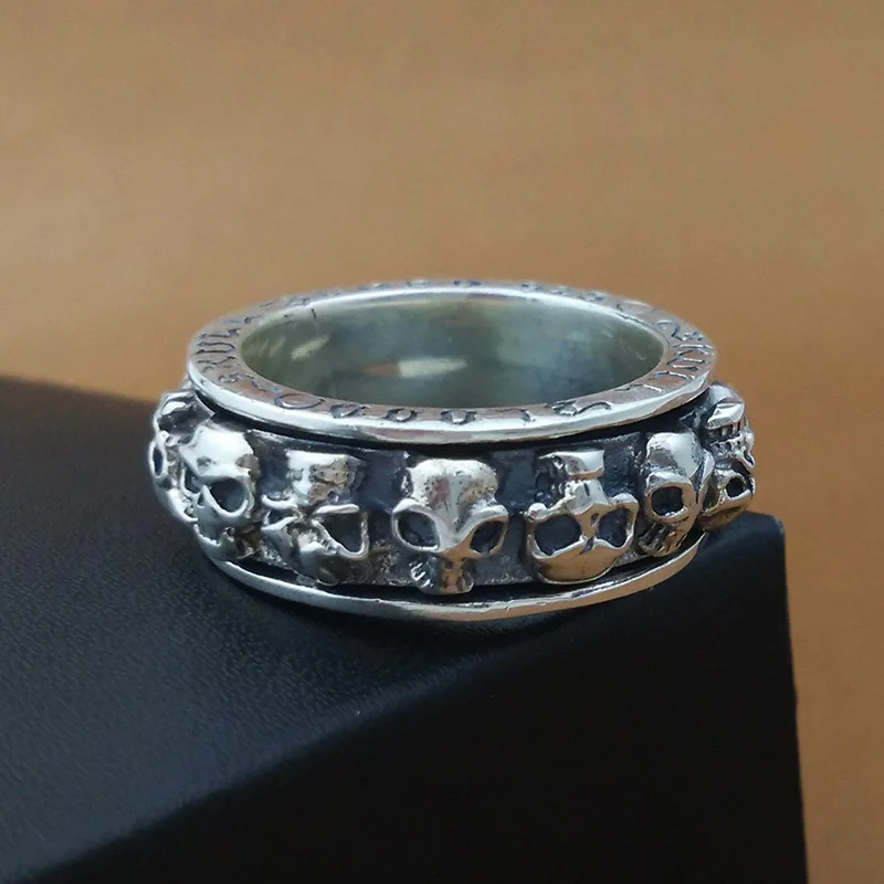 

S925 Sterling Silver Jewelry Handmade Skeleton Retro Thai Silver Personalized Ring Men 's Skull Ring