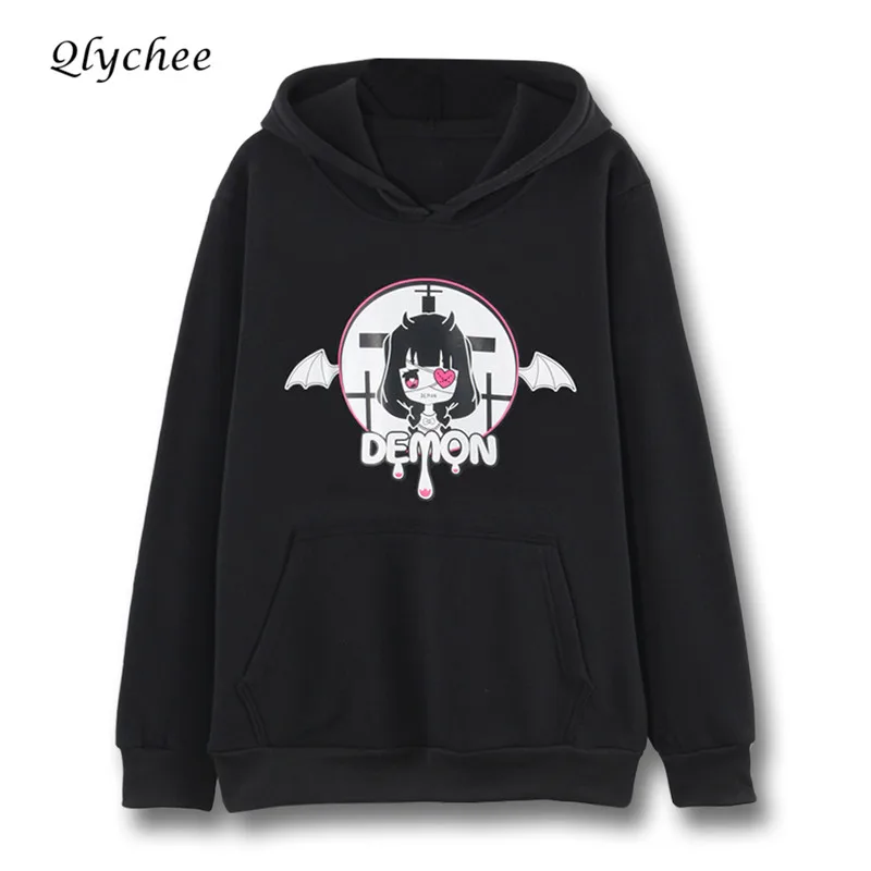 Qlychee Harajuku Demon Girl Print Hooded Sweatshirt Long Sleeve Pocket ...