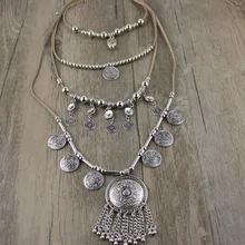 2017 Nuevos Llegados A Mano India Moneda de Plata Colgantes collares Joyería Étnica de Cuero De Cadena Larga para La Mujer del Regalo del partido