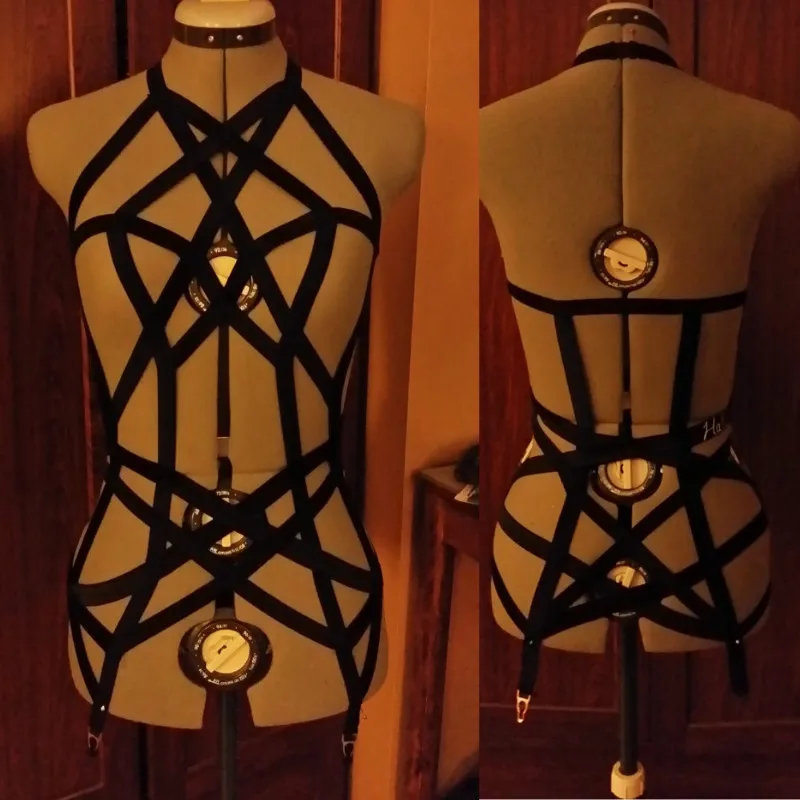 

2016 new pastel goth elastic garter belt gothic body harness bra Rave wear Binding women top suit cage bra lingerie black retail