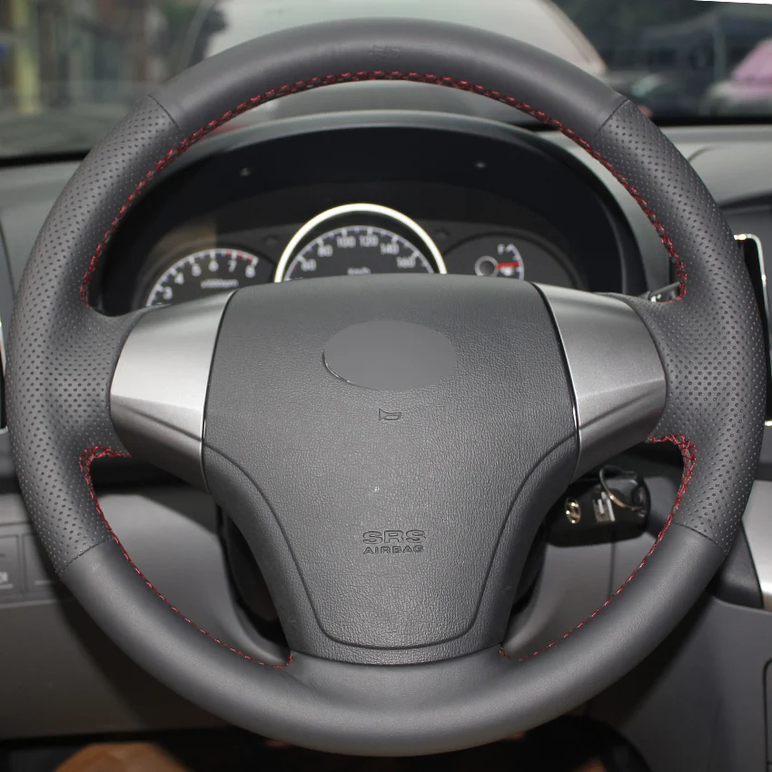 Black Leather Hand stitched Car Steering Wheel Cover for Hyundai