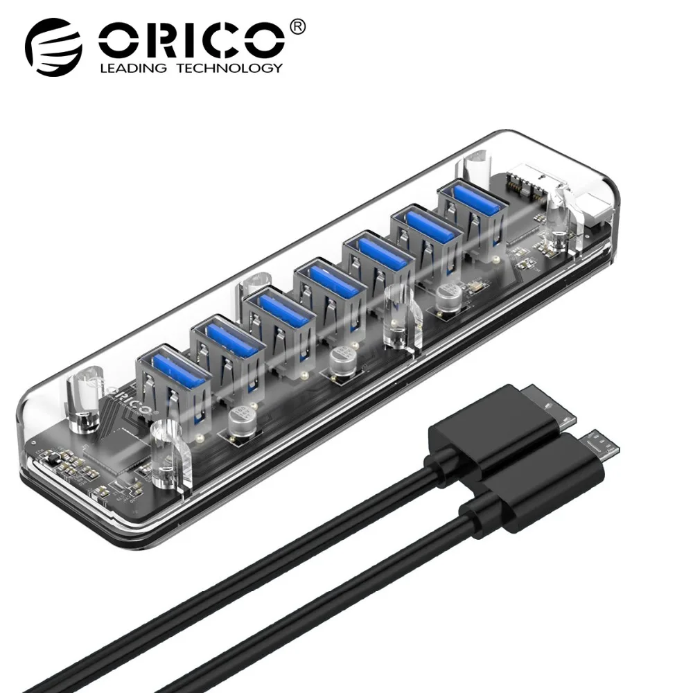 

ORICO USB 3.0 Transparent HUB External 7 Port USB Splitter with Dual Micro USB Power Port for iMac Computer Laptop Accessories