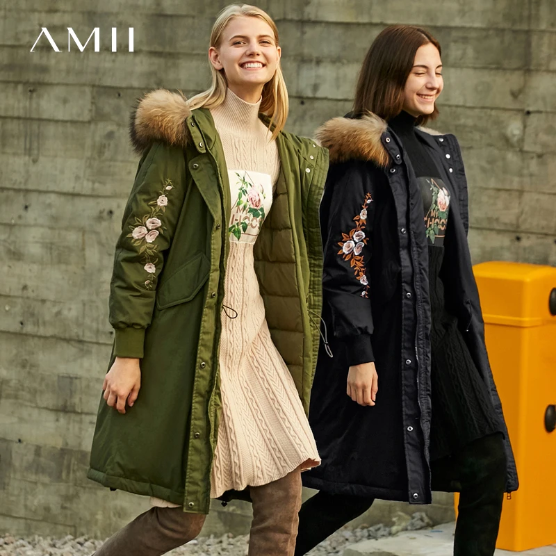 Fourrure Amii 2018 Lumière De Jackes Vintage D'hiver Chaud 90 Down Blanc navy Dow White Col Dow Long Femmes Broderie Casual Green Duvet Army Canard Épais army black Green Floral Coat Manteau Blue xYZYr7qnw