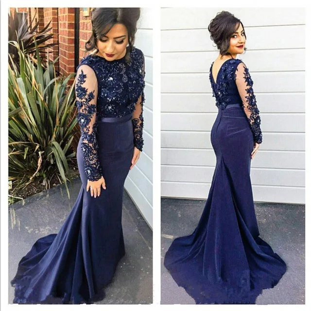 Sexy O-neck Mermaid Prom Dress 2017 Luxury Illusion Sleeve Lace Applique Beading Satin Belt Gowns Formal Evening | Свадьбы и