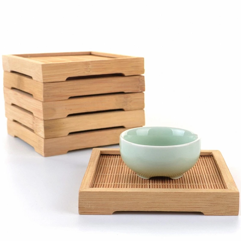 12X Натуральный Бамбуковый чайный стаканчик Квадратная тарелка чайная чашка ручной поднос ремесло коврик 100X100 мм Gongfu чай кунг-фу лоток придвижной столик