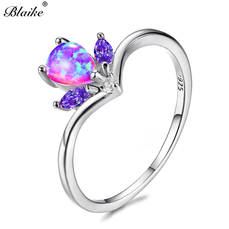 Blaike Charming Water Drop Purple/White/Blue Fire Opal Rings for Women 925 Sterling Silver Filled Birthstone Crystal Zircon Ring