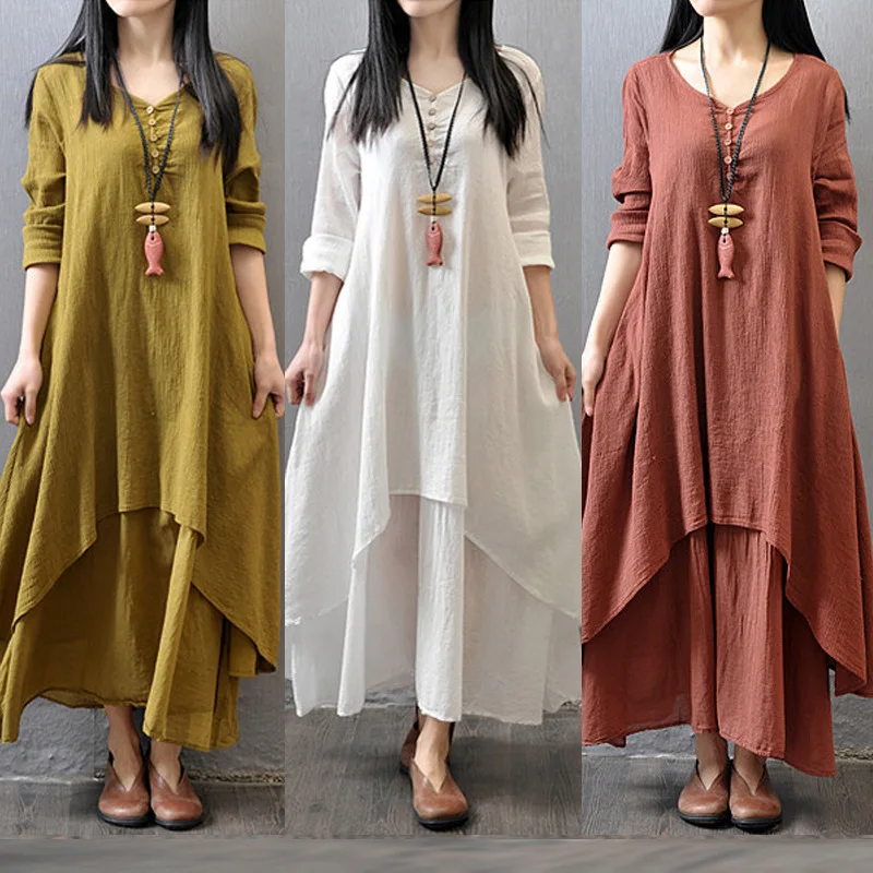 Vintage Women Double Layers Long Spring Fall Loose Maternity Tops Maxi Tunic Dress Spot Foreign Trade Spring And Autumn