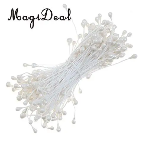 MagiDeal 150 Pieces Pearl Double Tip Floral Stamens Pearlized Double Head with Stem Gift wrapping Decoration - White