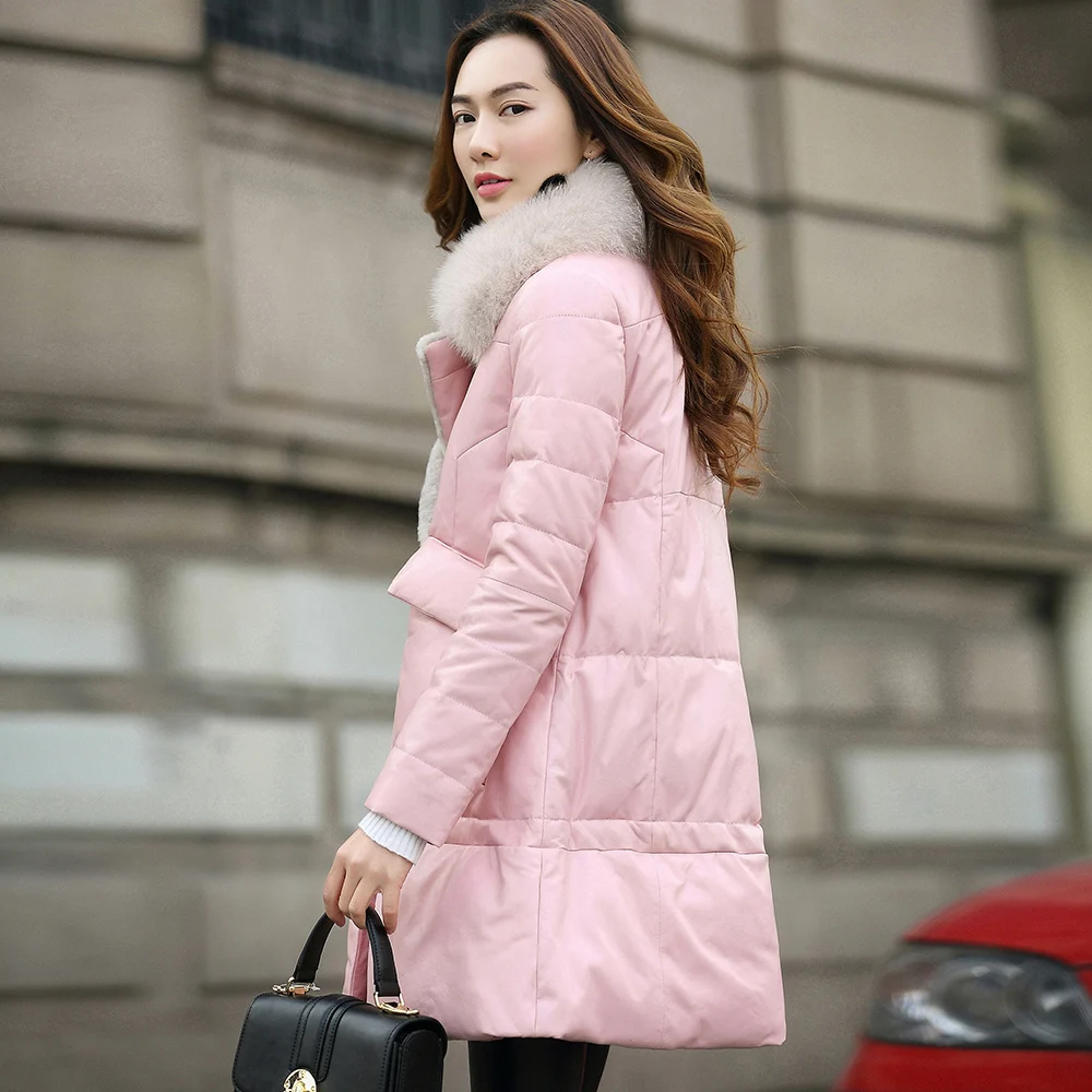 Fox Fur Collar Sheepskin Coat Autumn Winter Real Genuine Leather Jacket Women Clothes Korean Vintage Down Coat ZT3132 - Color: pink