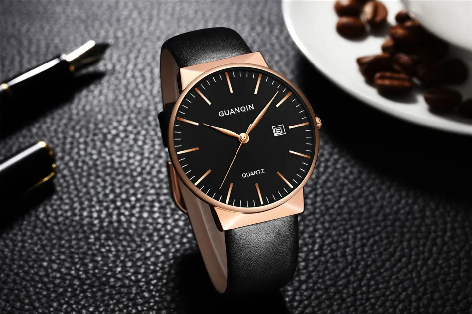 GUANQIN мужские часы лучший бренд класса люкс Мода ультра тонкий кожаный ремешок кварцевые часы, простой мужские наручные часы relogio masculino
