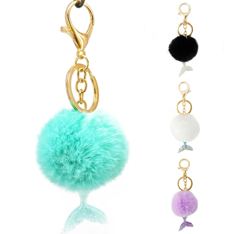 Cute Fur Pompon Ball Keychain With Mermaid Tail Key Holder Pom Fluffy Bag Pendant Keyring Xmas Jewelry Gift 5 Colors