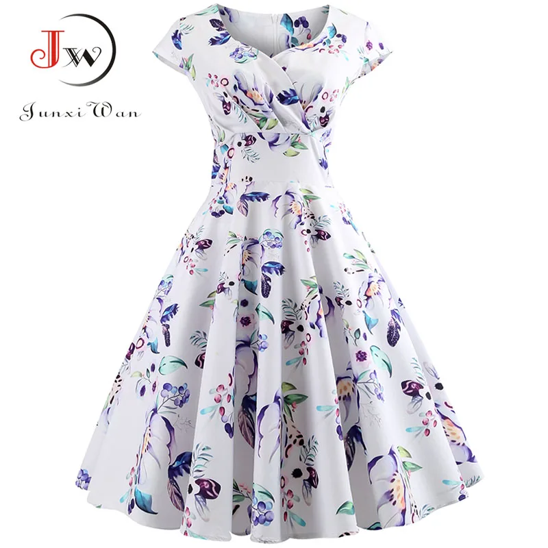 

New Summer Dress Women Cap Sleeve Floral Print Hepburn 50s 60s Vintage Dress Tunic Elegant Slim Party Dresses Sexy Sundress