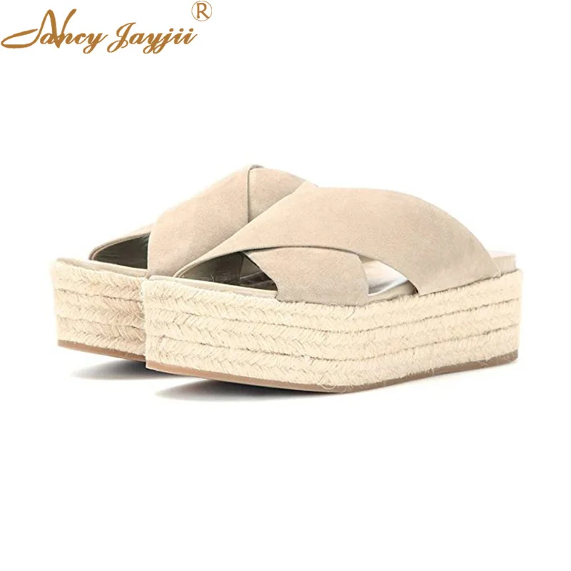 

Espadrille Platform Straw Slides Slippers Mid Heel Womens Shoes Flat With Big Size 45 46 Summer 2019 Comfortable Casual Footwear