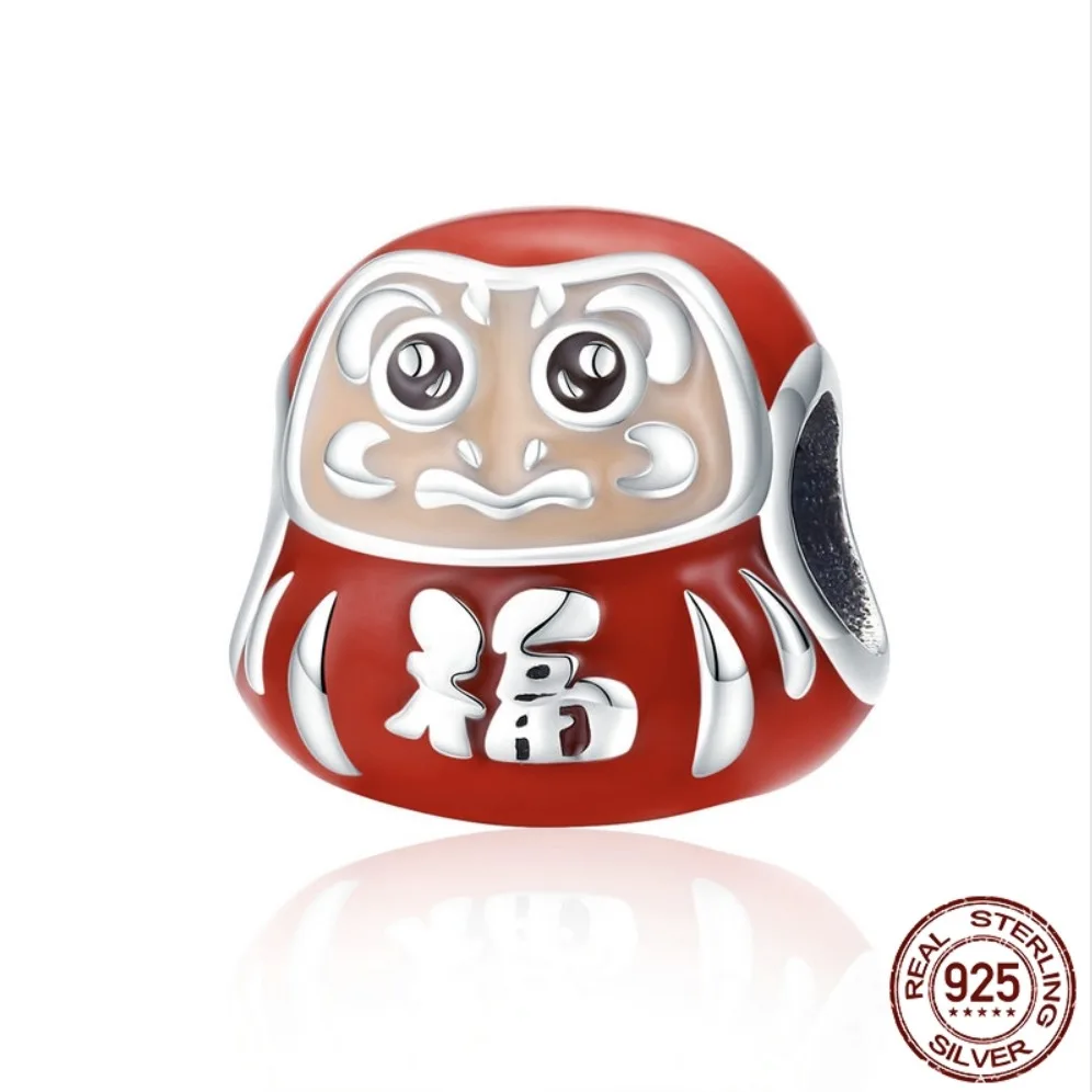 

925 Sterling Silver Japan Daruma Red Enamel Beads fit Original Pandora Bracelet for Women Gift Beads for Jewelry Making