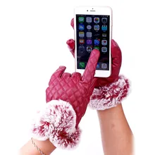 Женские Классические черные зимние кожаные перчатки варежки Открытый управляемый Сенсорный экран перчатки женские Искусственные меховые перчатки клетчатые женские перчатки