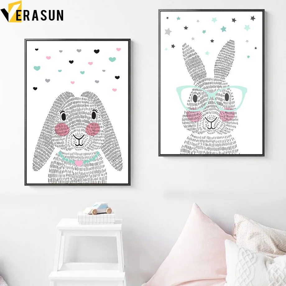 Cartoon Rabbit Nursery Wall Art Canvas Painting Nordic Posters And Prints Animals Pictures Baby Kids Room Decor | Дом и сад