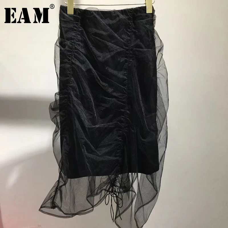 

[EAM] 2019 New Spring Summer High Elastic Waist Black Mesh Fold Drawstring Stitch Half-body Skirt Women Fashion Tide JU394