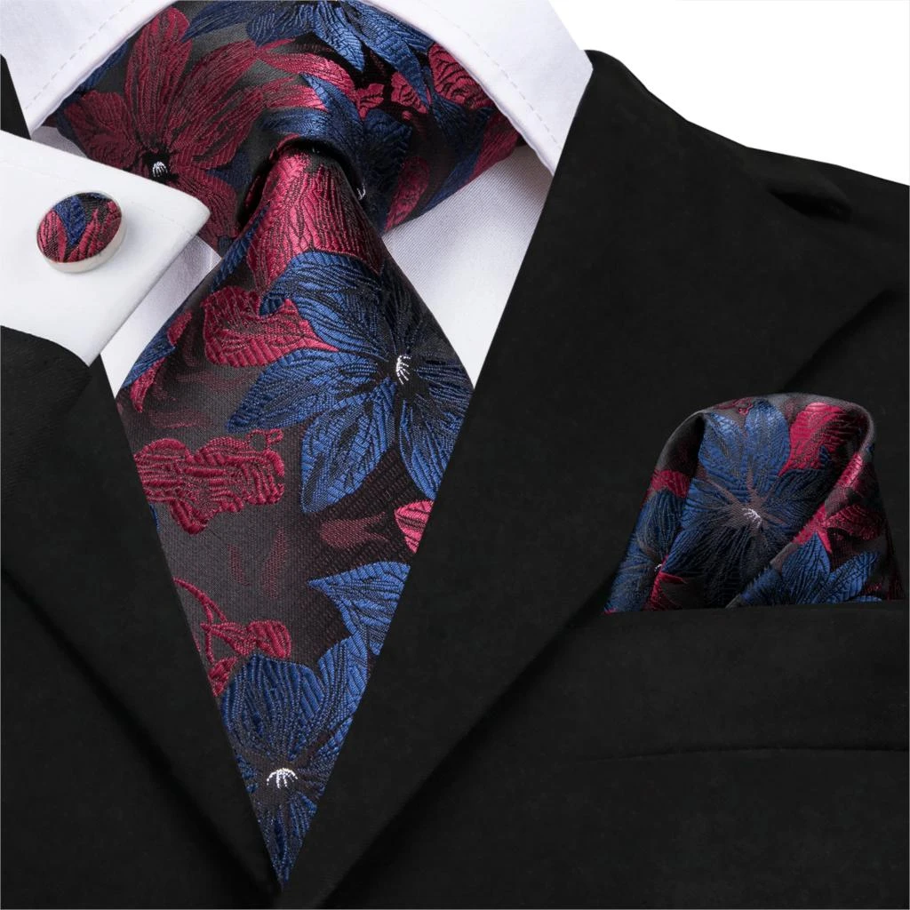 Hi Corbata de seda de 8,5 cm para hombre, corbatas florales color rojo y azul, gemelos cuadrados de bolsillo clásicos para fiesta y boda, conjunto de corbata de lujo|Corbatas y