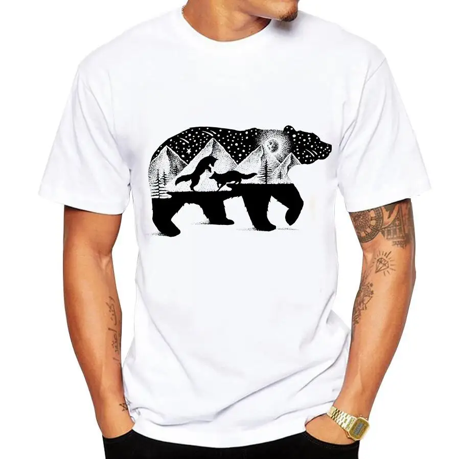 

Men's T-shirt Funny Print Bear And Foxes T shirt Men Brand Summer Round Neck White Cotton Short-sleeved Tee Shirt Homme